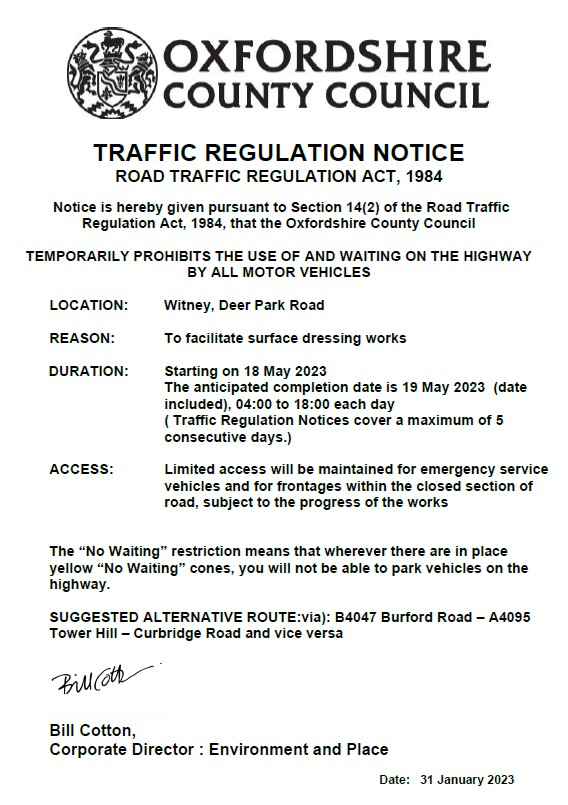 Traffic Regulation Notice Deer Park Road 18th 19th May Witney