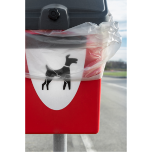 red dog waste bin with black dog on white background