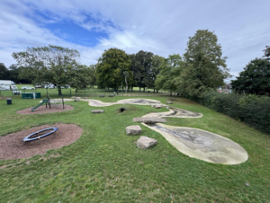 A splash park with concrete runs and water sprays