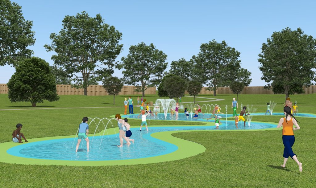 an illustration showing people of different ages and abilities playing in water sprays in a splash park